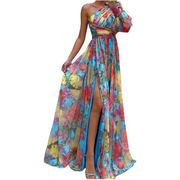 SooLinen One Shoulder Long Sleeve Slit Maxi Dress in Multi Floral, Size L - Picture 1 of 5